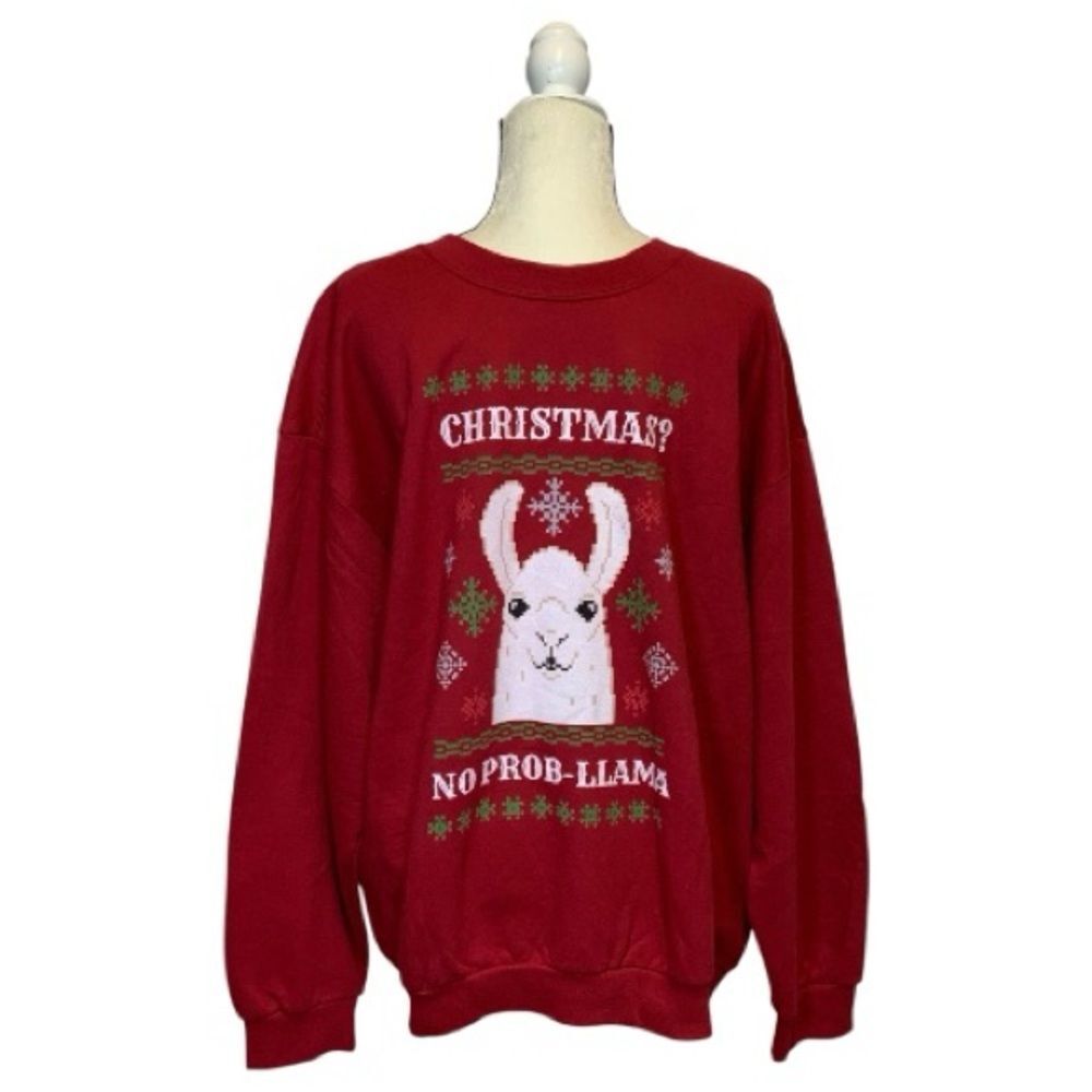 Anvil Men’s Red Christmas Llama Crewneck Sweater Size XLarge